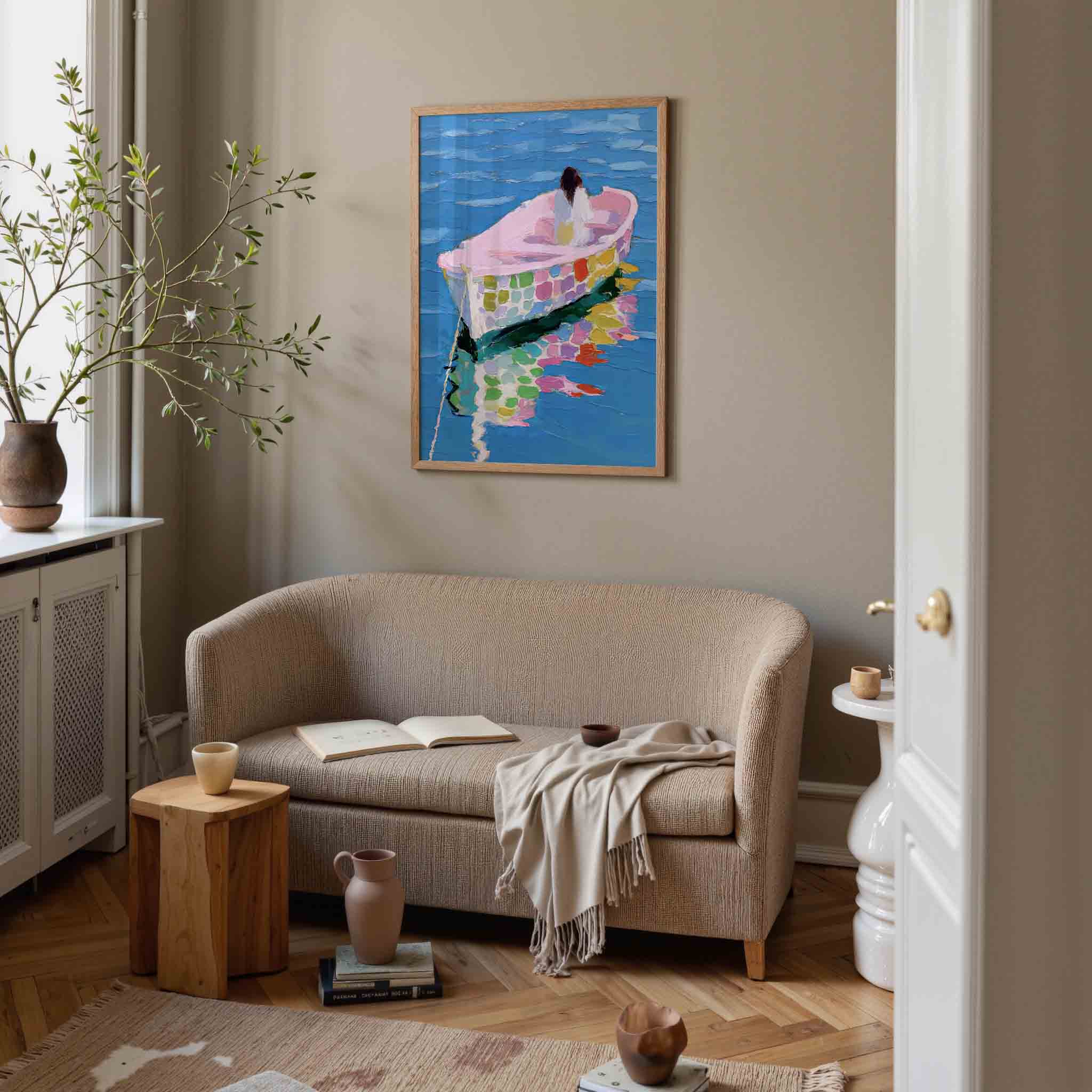 Boot op blauwe zee Poster