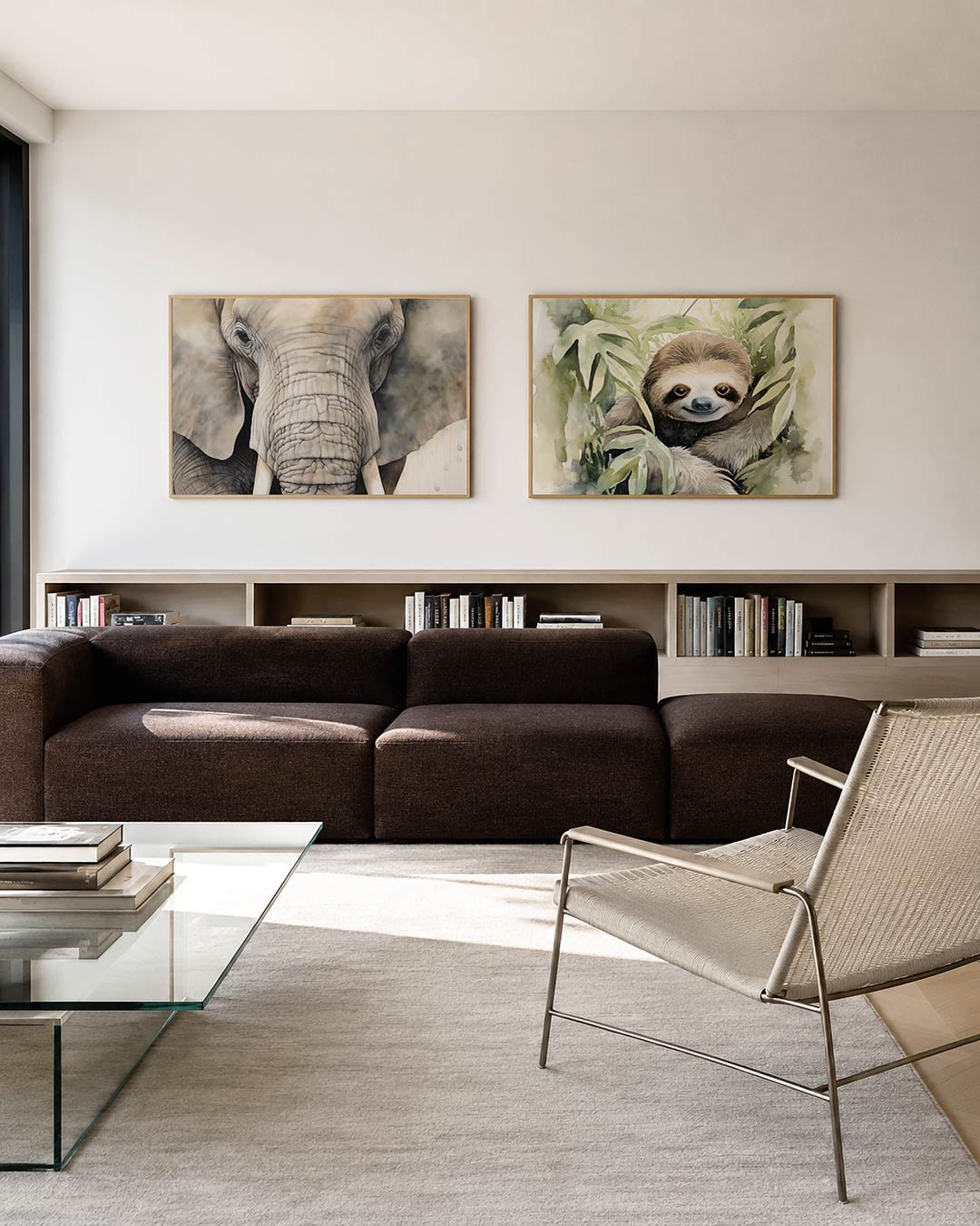 Twee liggende posters met een close-up van een olifant met gedetailleerde huidtexturen, aan de muur in een interieur