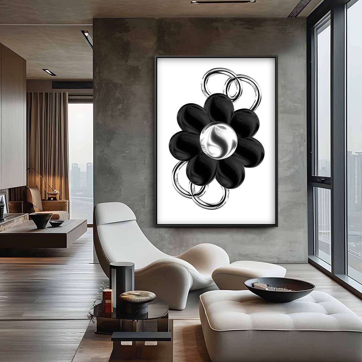 Bloem in Zilver en Zwart Kunstwerk-canvas-dibond-plexiglas-wanddecoratie-WallArtistic