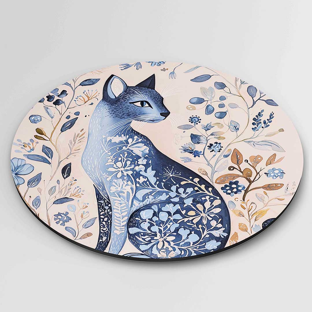 Blauwe kat en bloemen Muurcirkel