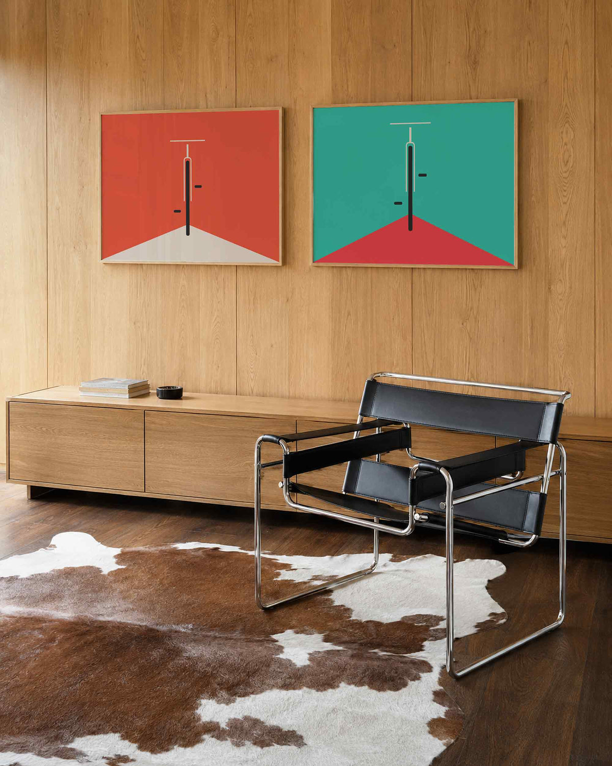 Interieurmockup van tweedelige landscape-posterset met grafische hoek en lijn