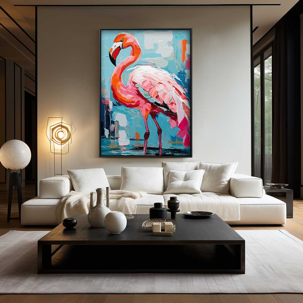 Flamingo in farbenfroher Umgebung (Kunstwerk)