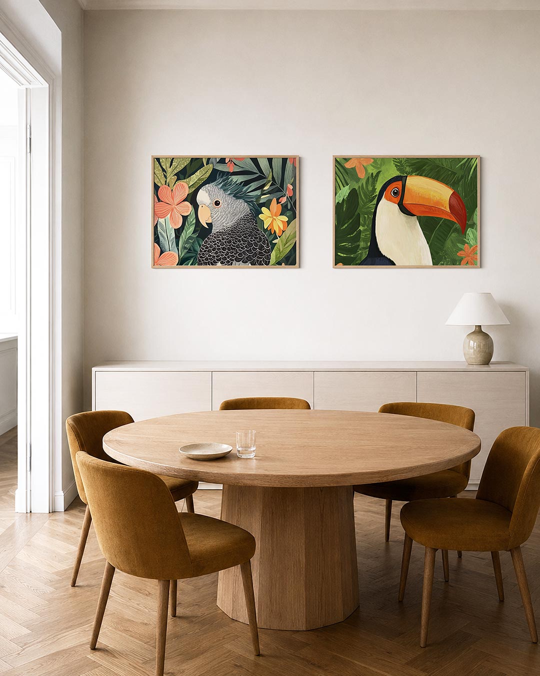 Interieurpresentatie van twee posters met een kleurrijke vogel omringd door levendige bloemen en bladeren