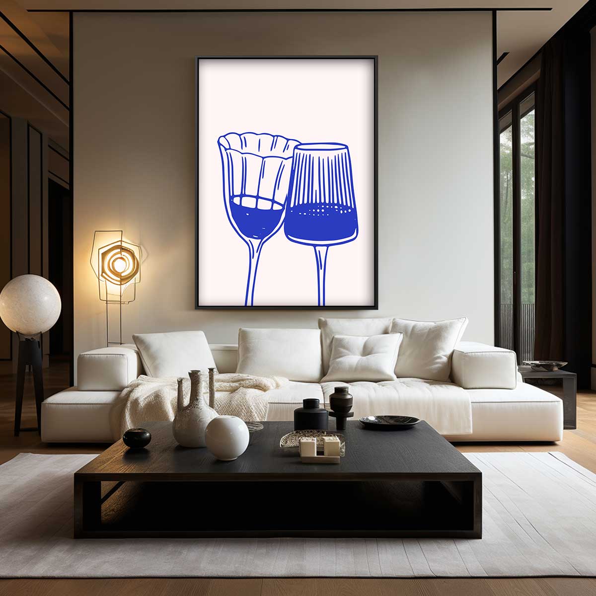 Elegante Blauw-witte Wijnglazen Illustratie Kunstwerk-canvas-dibond-plexiglas-wanddecoratie-WallArtistic