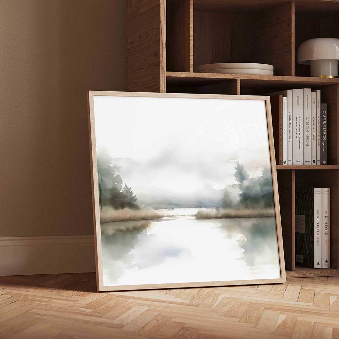 Landschap met mistige bomen Poster