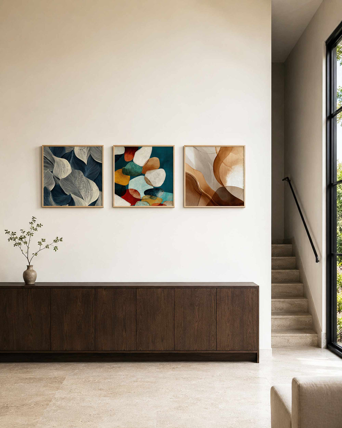 Interieurpresentatie van een driedelige vierkante posterset met abstracte vormen