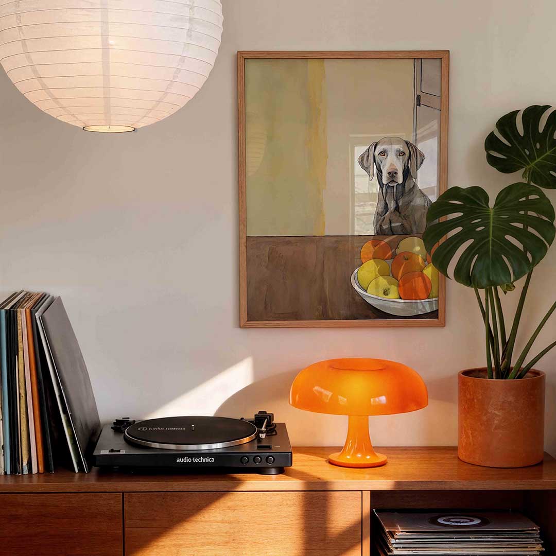 Hond en fruit op tafel Poster