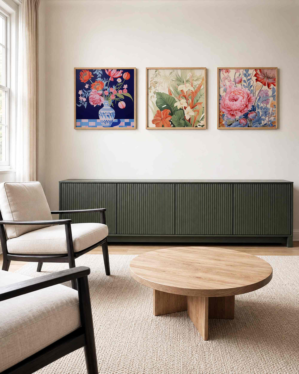 Interieurpresentatie van een driedelige vierkante posterset met kleurrijke bloemen