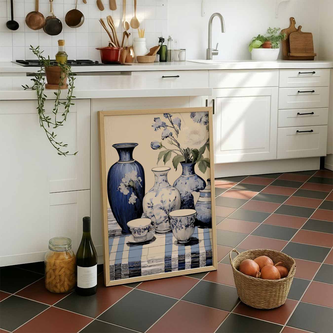 Elegant Blauwe Vaas Bloemen Poster-WallArtistic