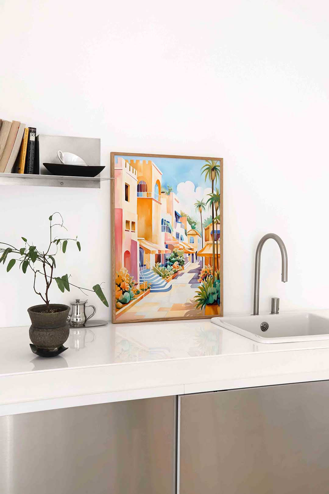 Zonnige straat met palmbomen Poster