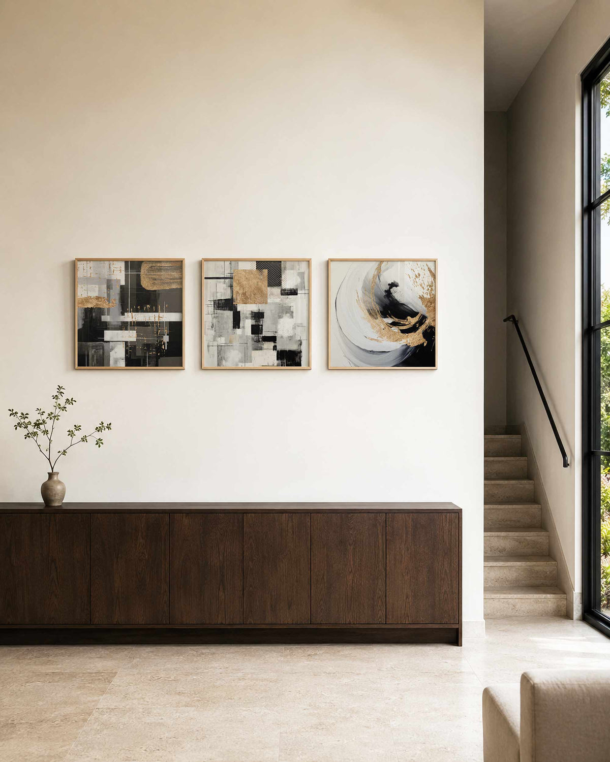 Interieurpresentatie van een driedelige vierkante posterset met abstract goud zwart wit
