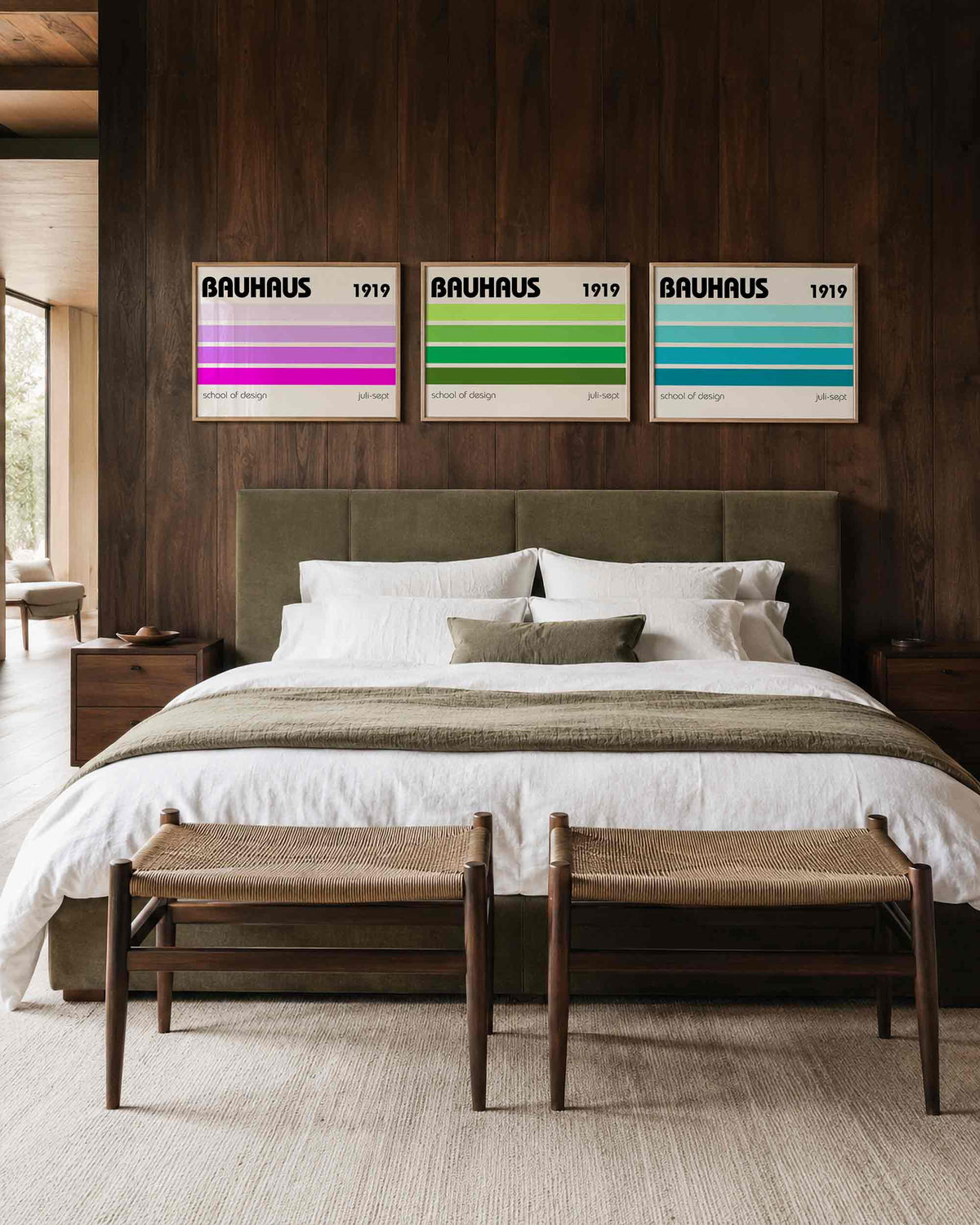 Interieurmockup van drieluik landscape-posterset met drie kleurenbanen