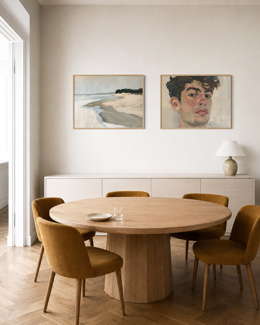Tweedelige posterset met een serene kust met vloeiende lijnen en zachte kleuren, getoond in een interieur