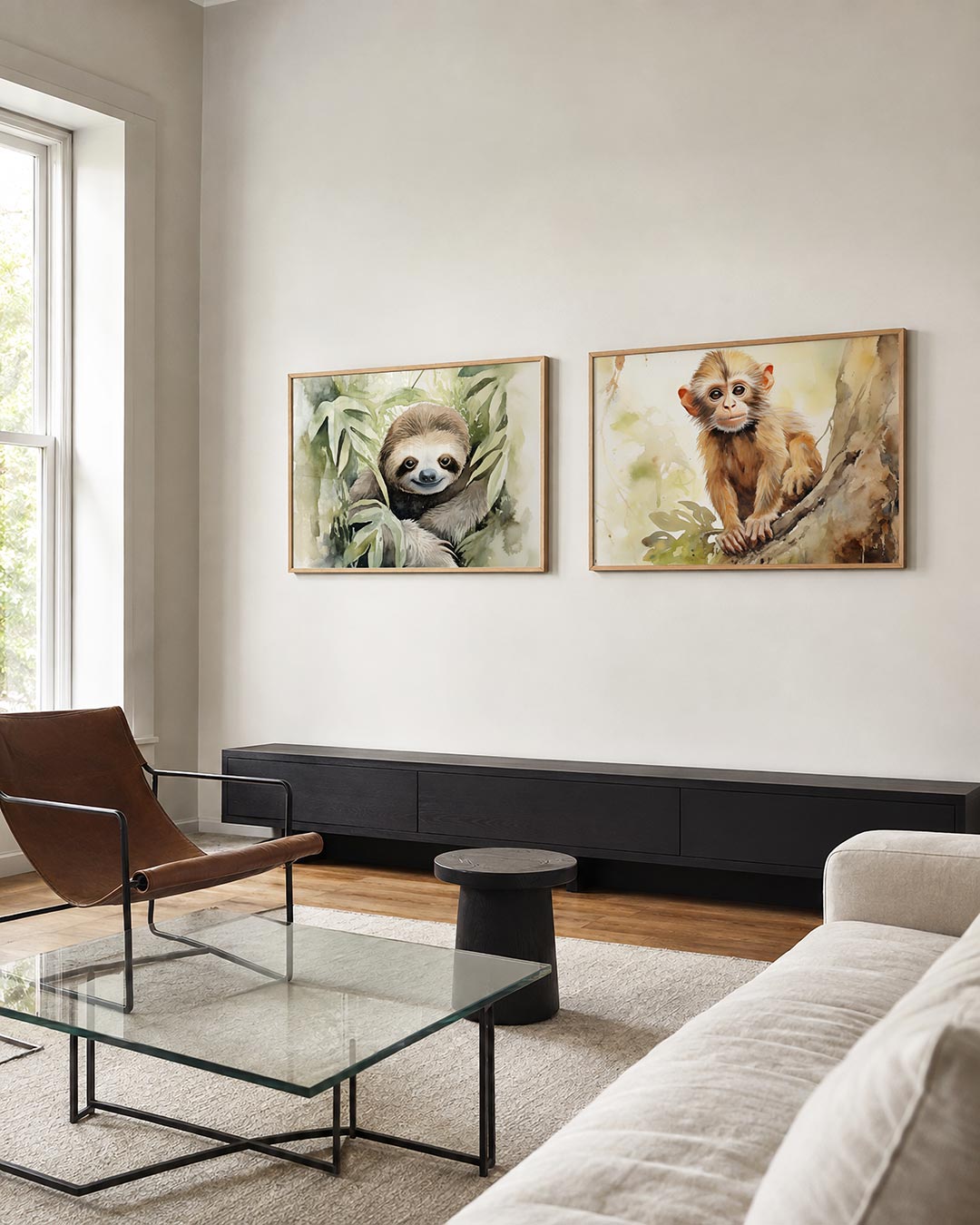 Tweedelige posterset met een speelse compositie van zachte groene en bruine tinten met vloeiende, getoond in een interieur