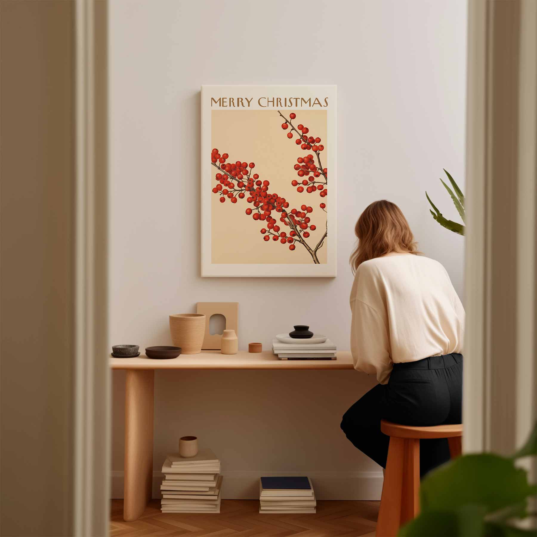 Vintage Kerstkaart met Rode Bessen Kunstwerk-canvas-dibond-plexiglas-wanddecoratie-WallArtistic