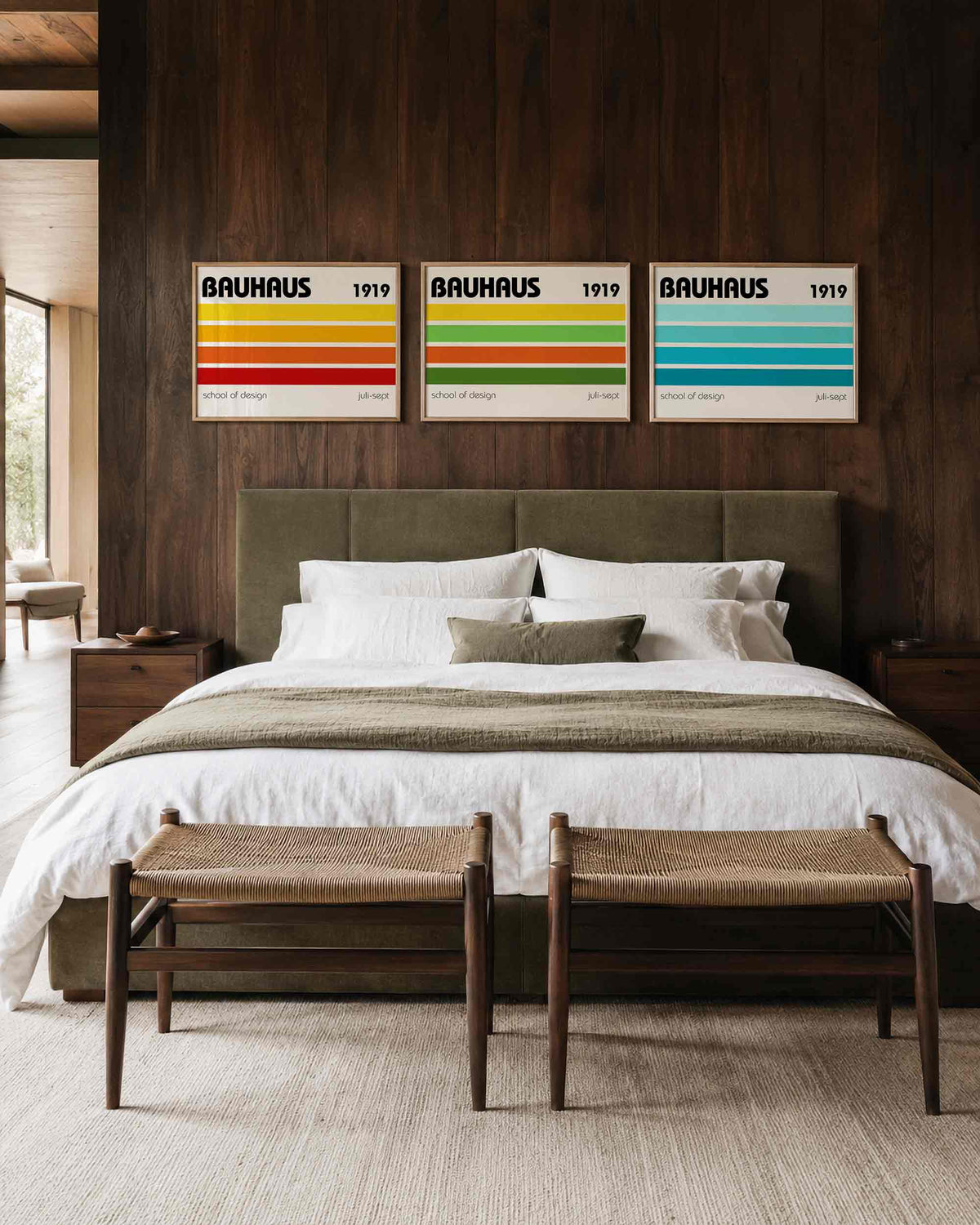 Interieurmockup van drieluik landscape-posterset met kleurbanen en ontwerptekst