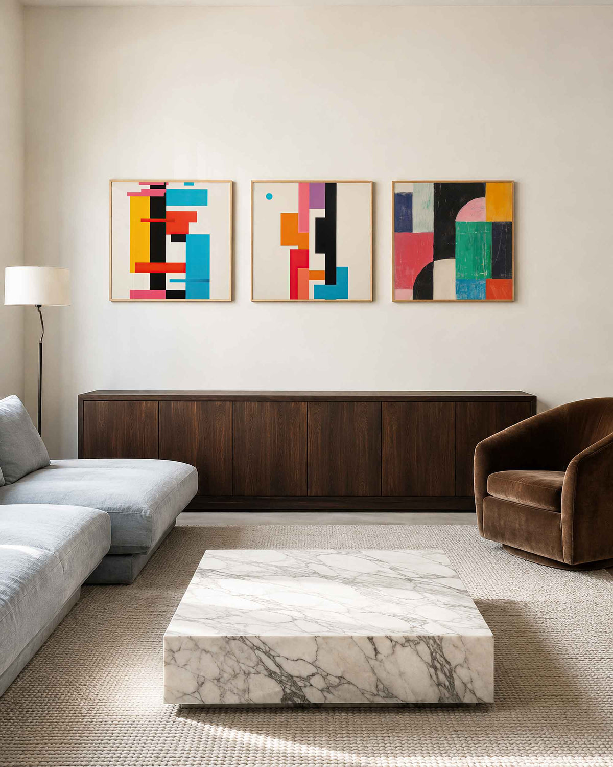 Interieurpresentatie van een driedelige vierkante posterset met abstracte vlakken