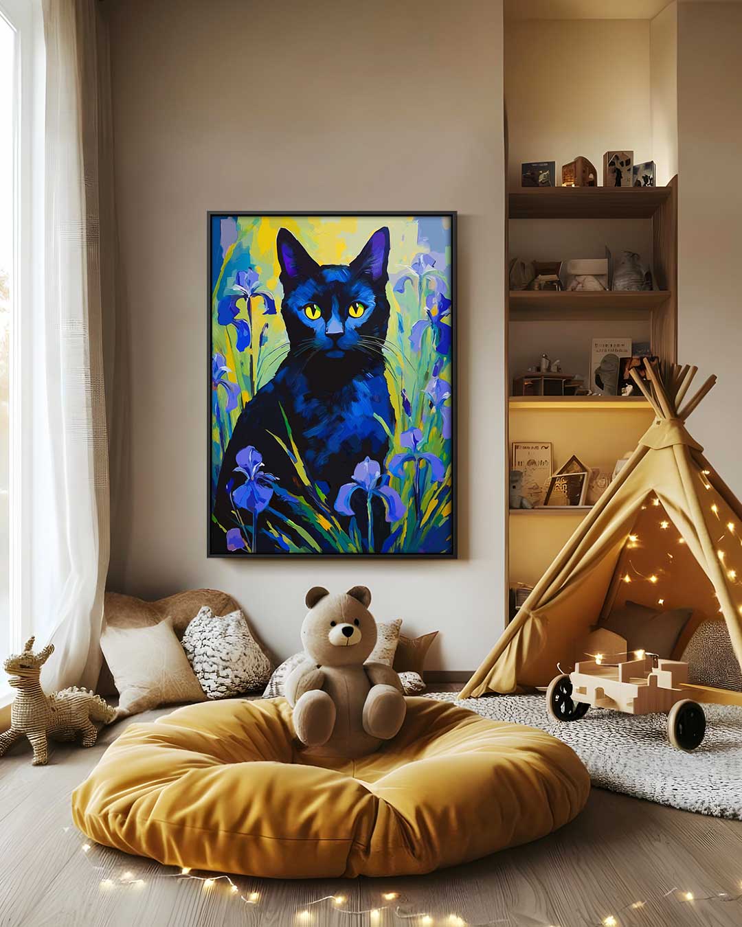 Kunstwerk: Mystische Katze im Blumengarten