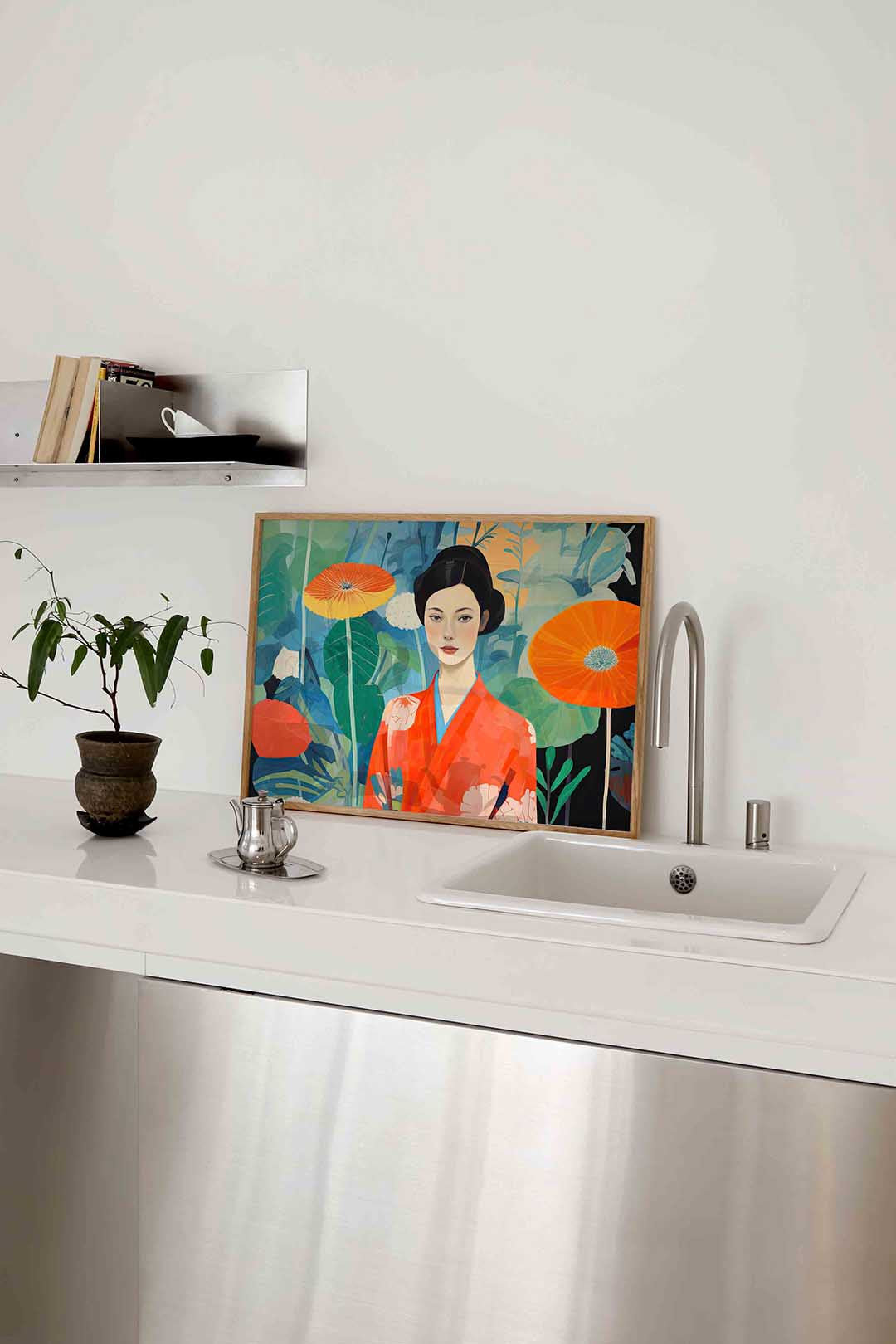 Vrouw in kimono met bloemen Poster