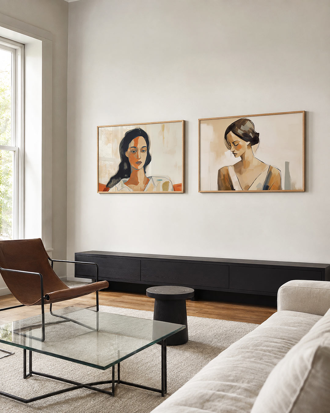Tweedelige posterset met een vrouwelijk gezicht met vloeiende lijnen en zachte kleurvlakken, getoond in een interieur