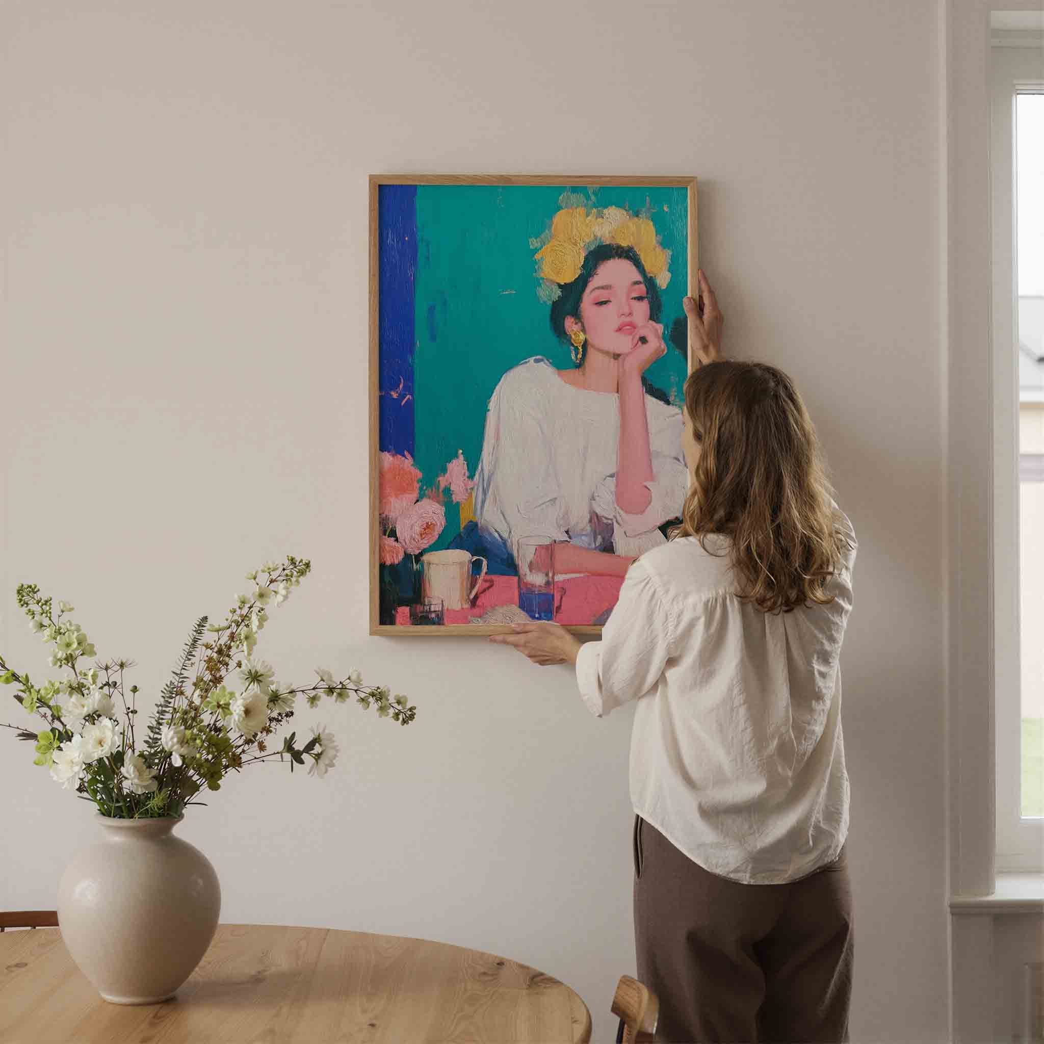 Vrouw met bloemenkrans Poster