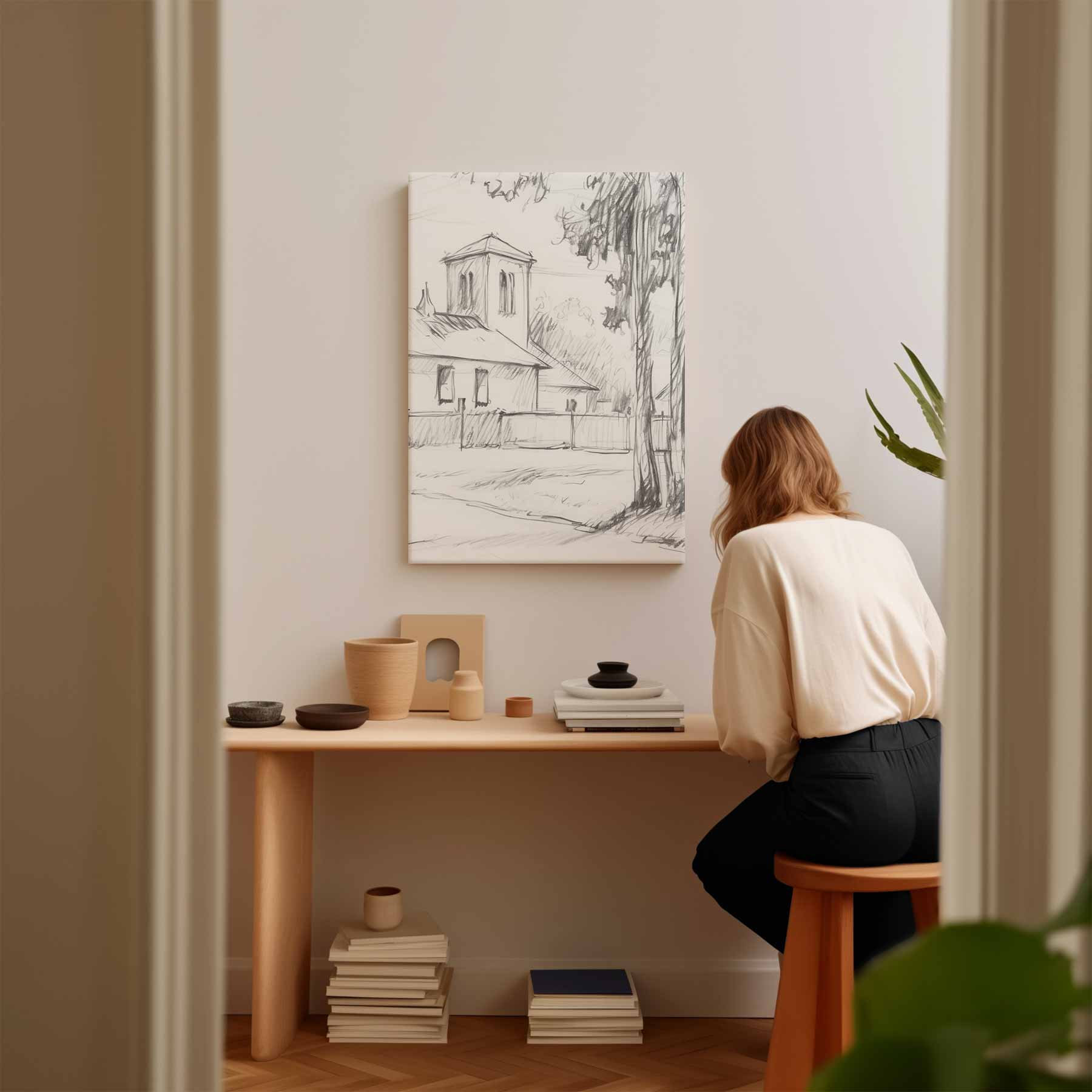 Dorpskerk en Bomen Kunstwerk-canvas-dibond-plexiglas-wanddecoratie-WallArtistic
