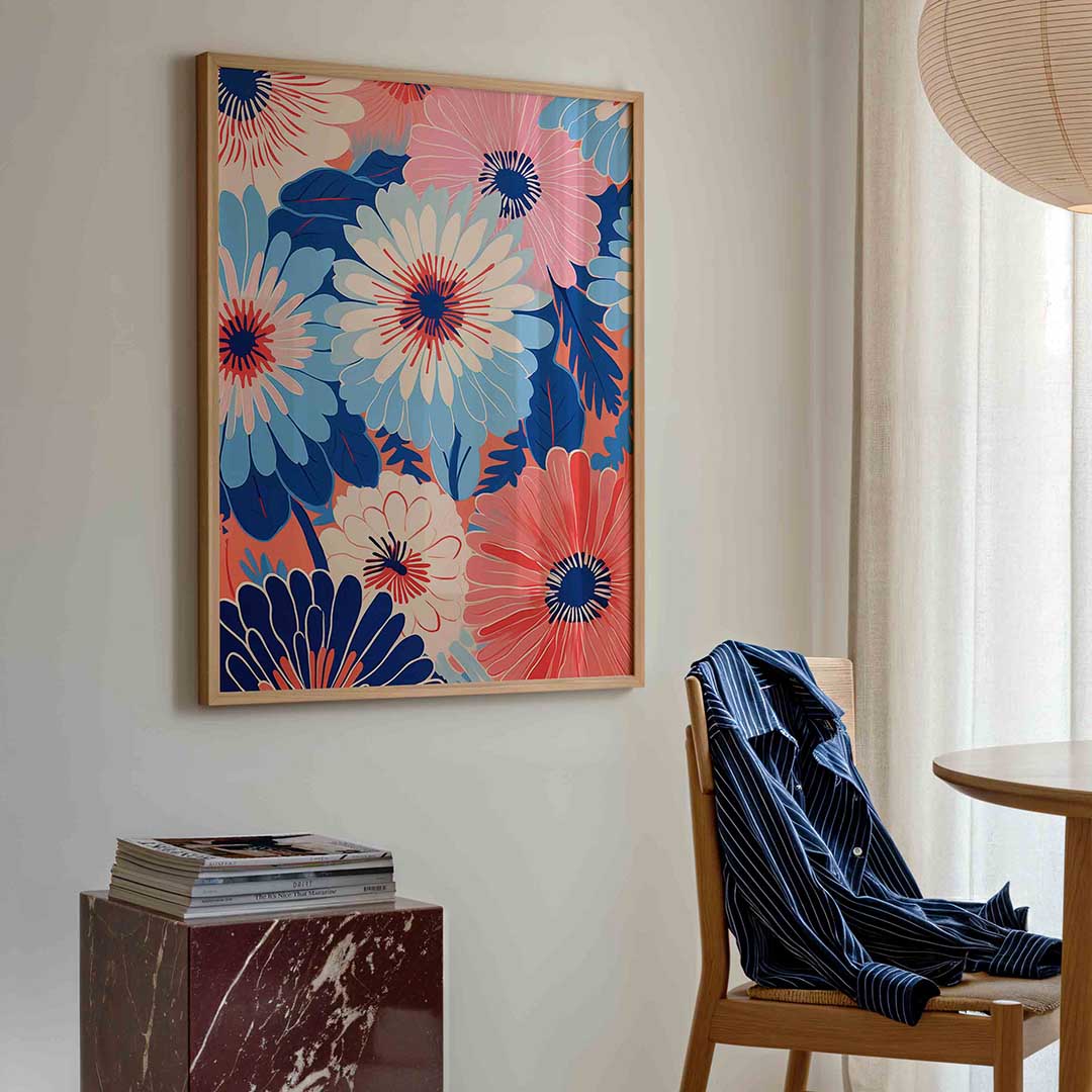Bloemen in blauw en roze Poster