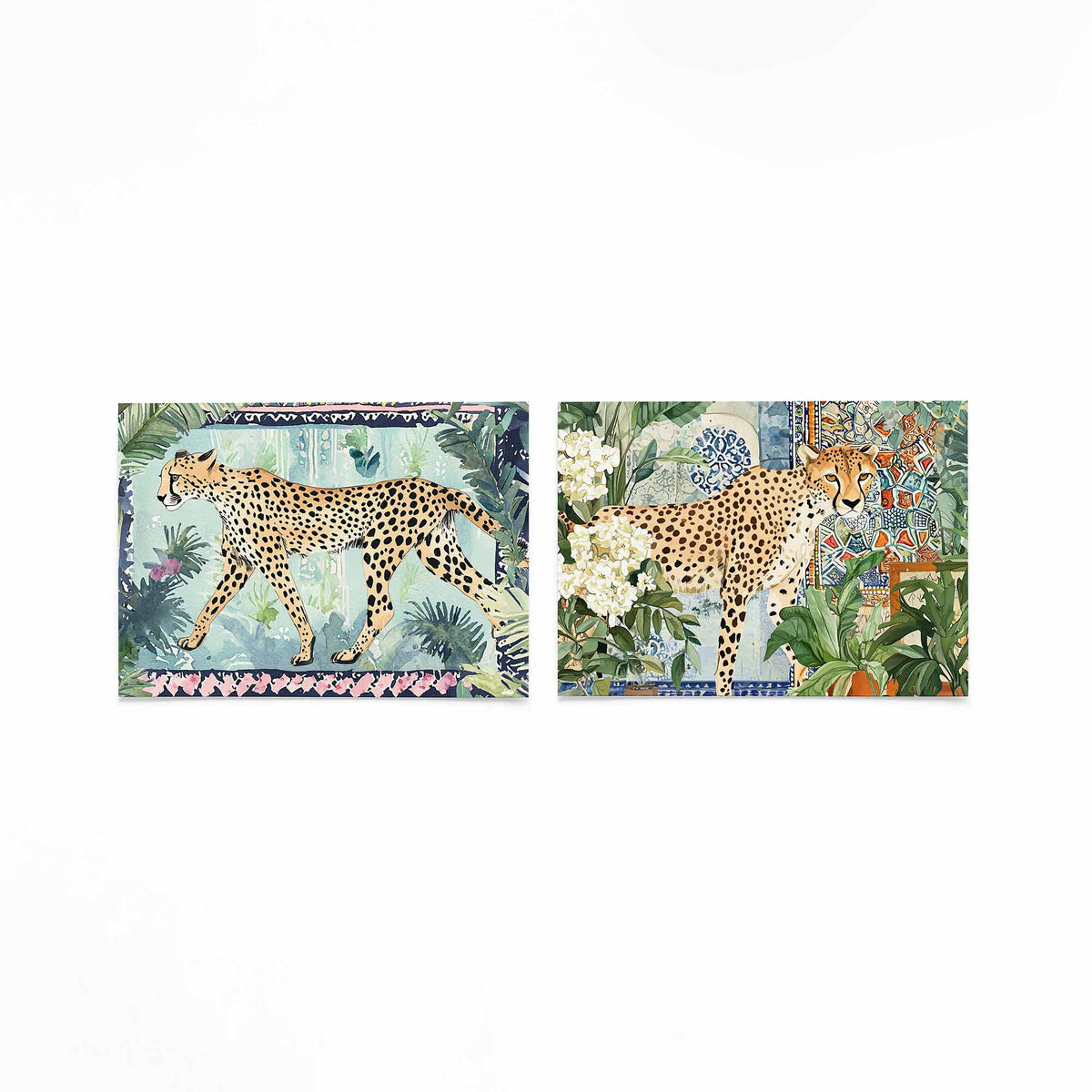 Twee liggende posters met een sierlijke cheetah in een weelderig groen landschap op een gebroken witte achtergrond