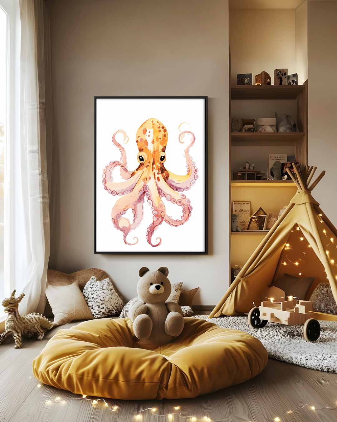 Vrolijke Octopus Illustratie Kunstwerk-canvas-dibond-plexiglas-wanddecoratie-WallArtistic