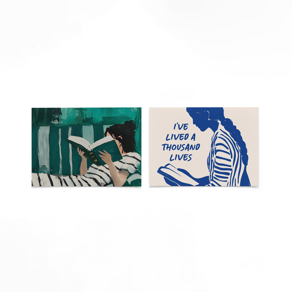 Twee liggende posters met een vrouw met een boek, omgeven door groene en witte kleurvlakken op een gebroken witte achtergrond