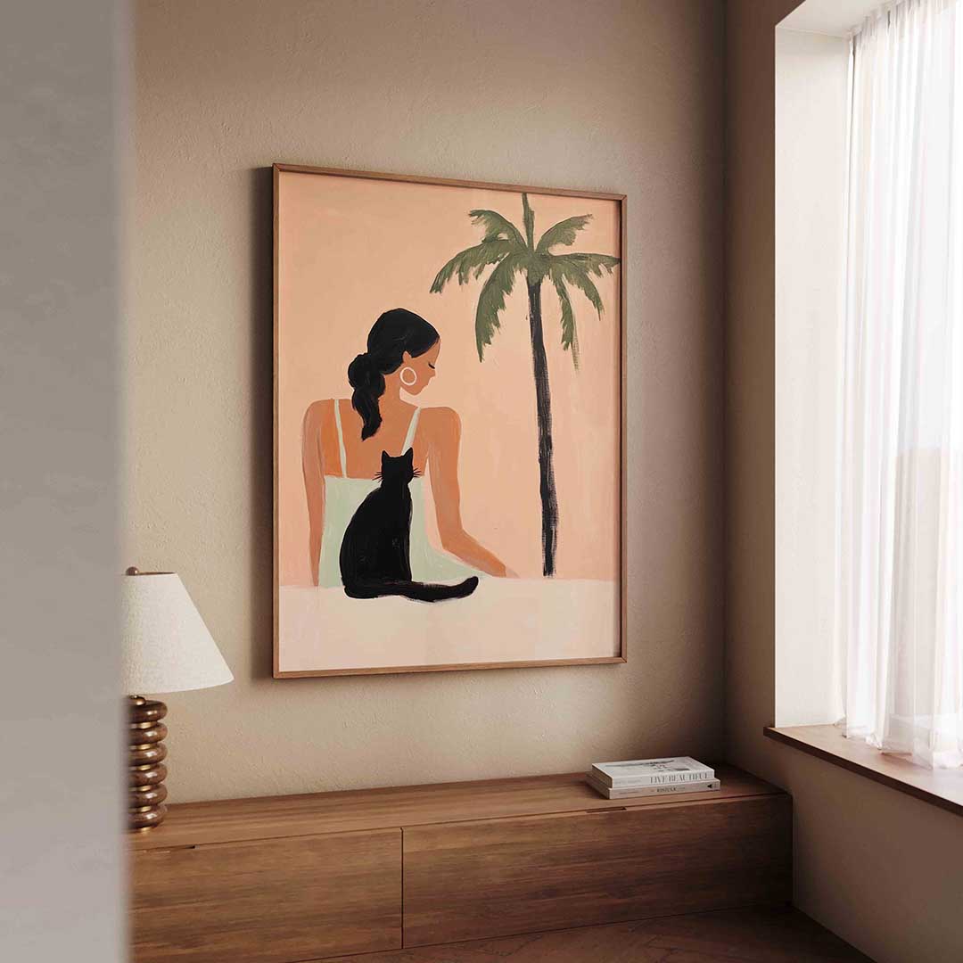 Vrouw met kat en palmboom Poster