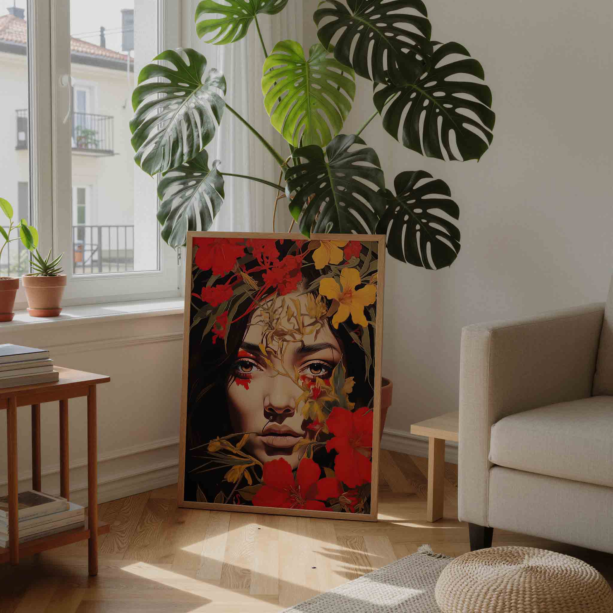 Bloemen en gezicht Poster