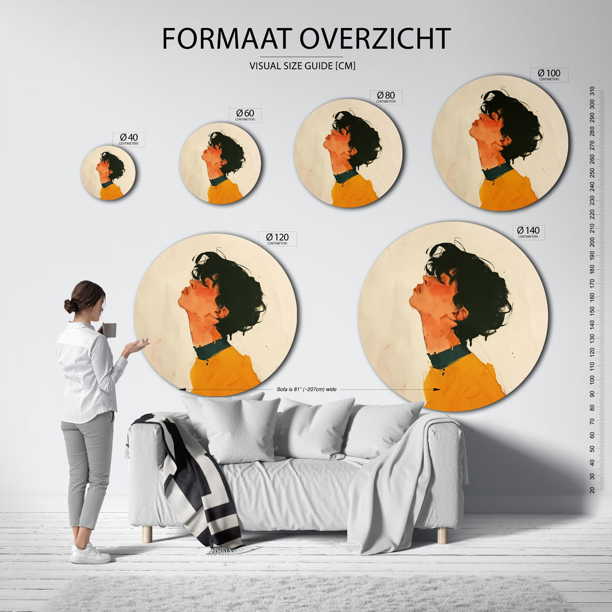 Portret met oranje en zwart Muurcirkel
