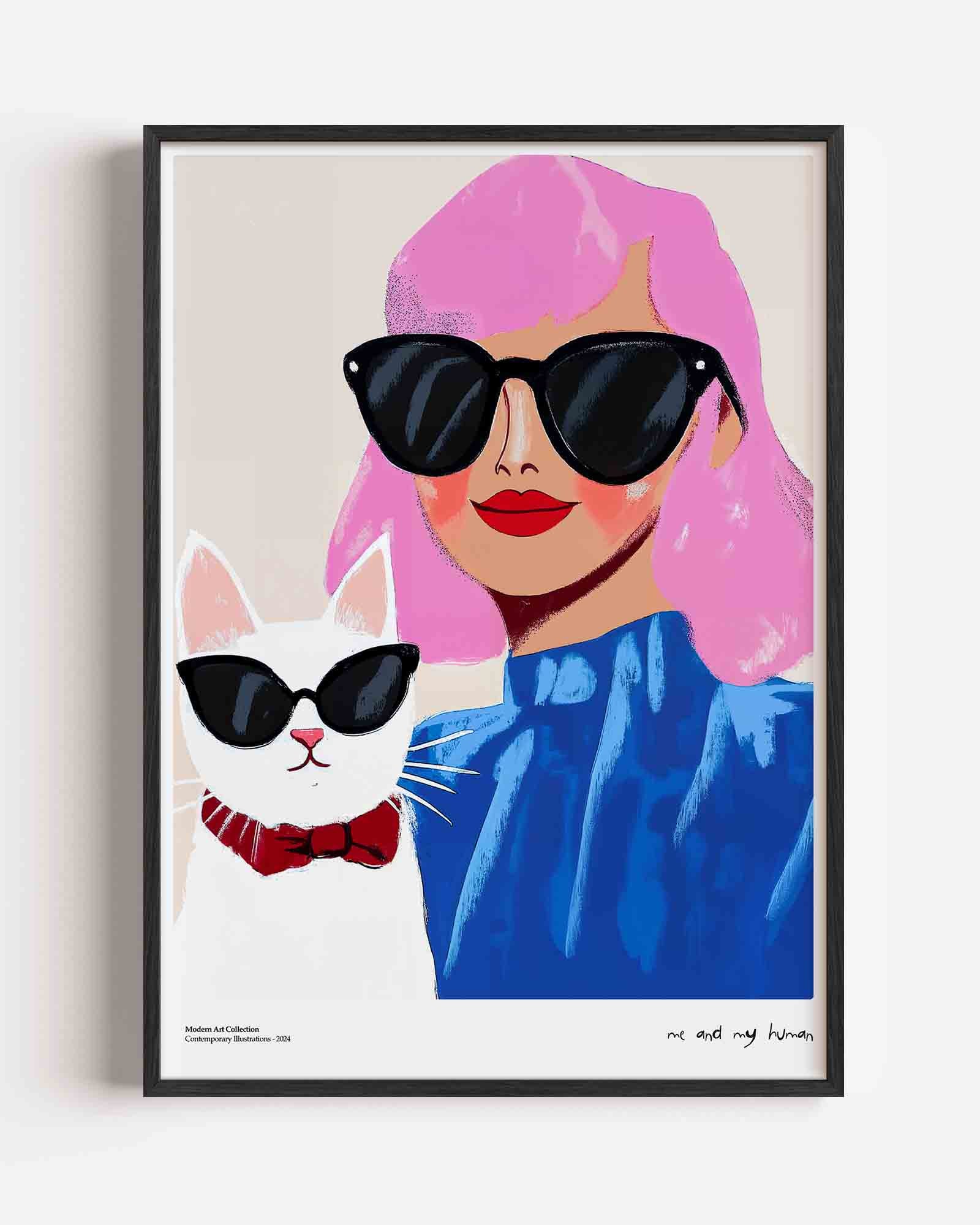 Vrouw en kat met zonnebrillen Poster