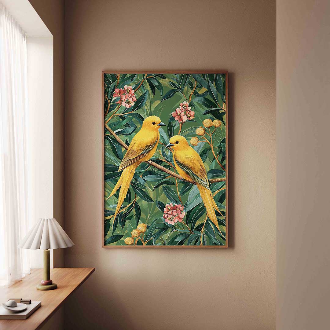 Gele vogels en bloemen Poster