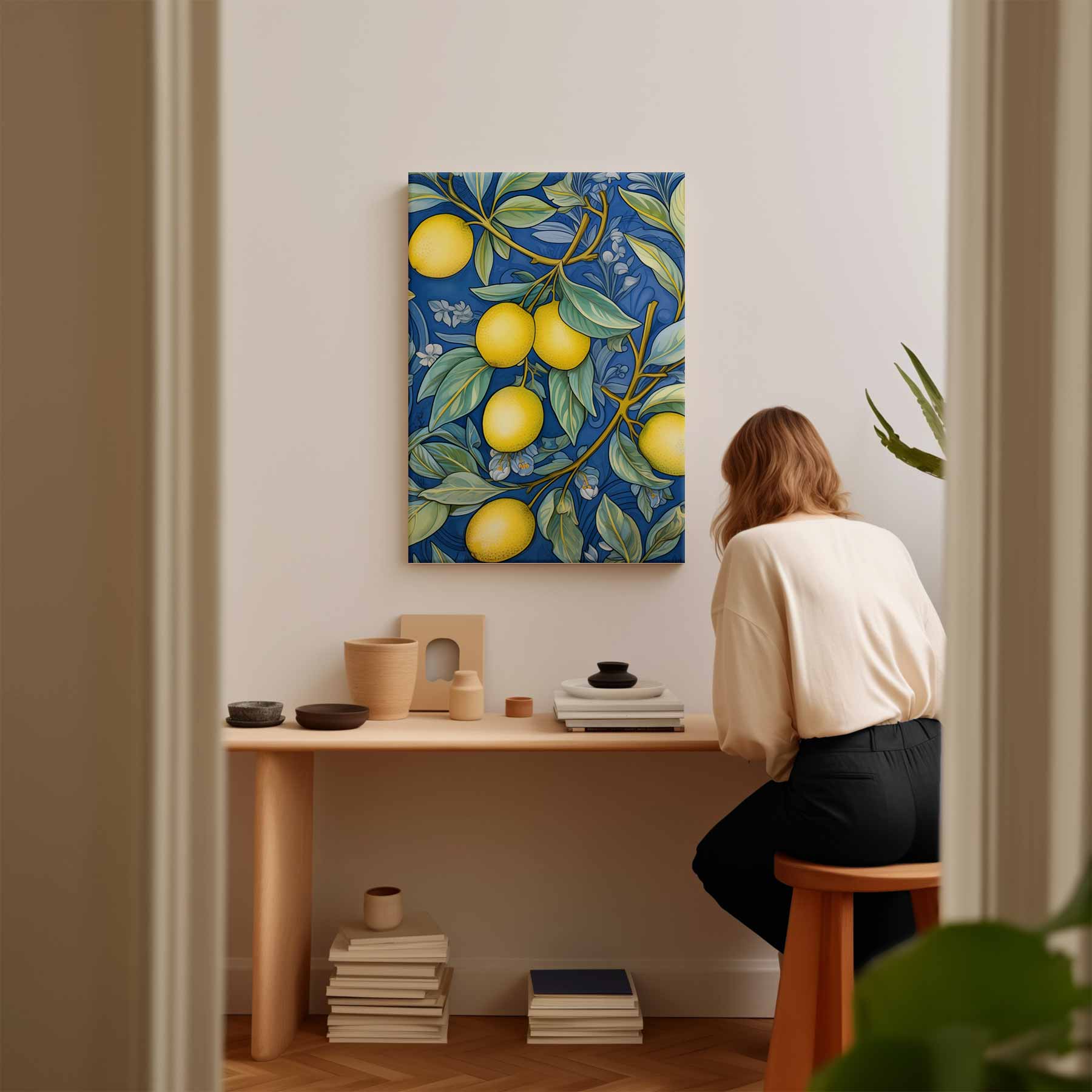 Kleurrijke Citroen Illustratie op Blauw Kunstwerk-canvas-dibond-plexiglas-wanddecoratie-WallArtistic