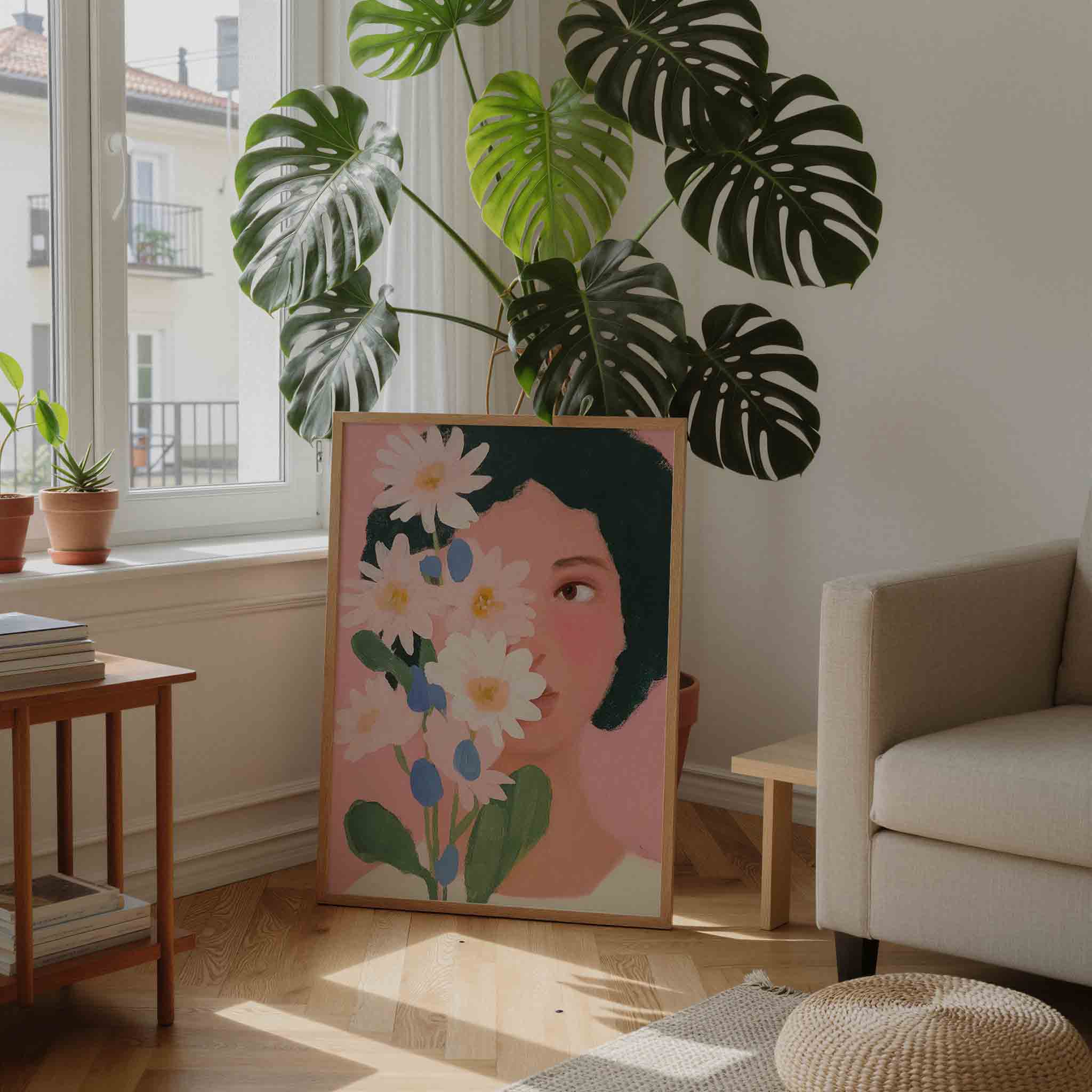 Bloemen en gezicht Poster