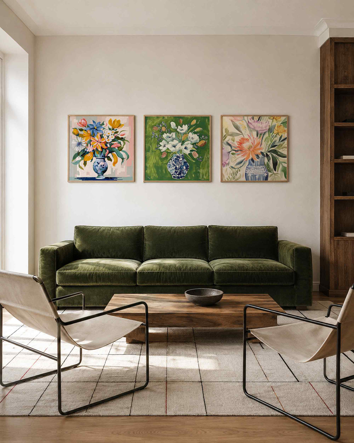 Interieurpresentatie van een driedelige vierkante posterset met bloemen in vazen