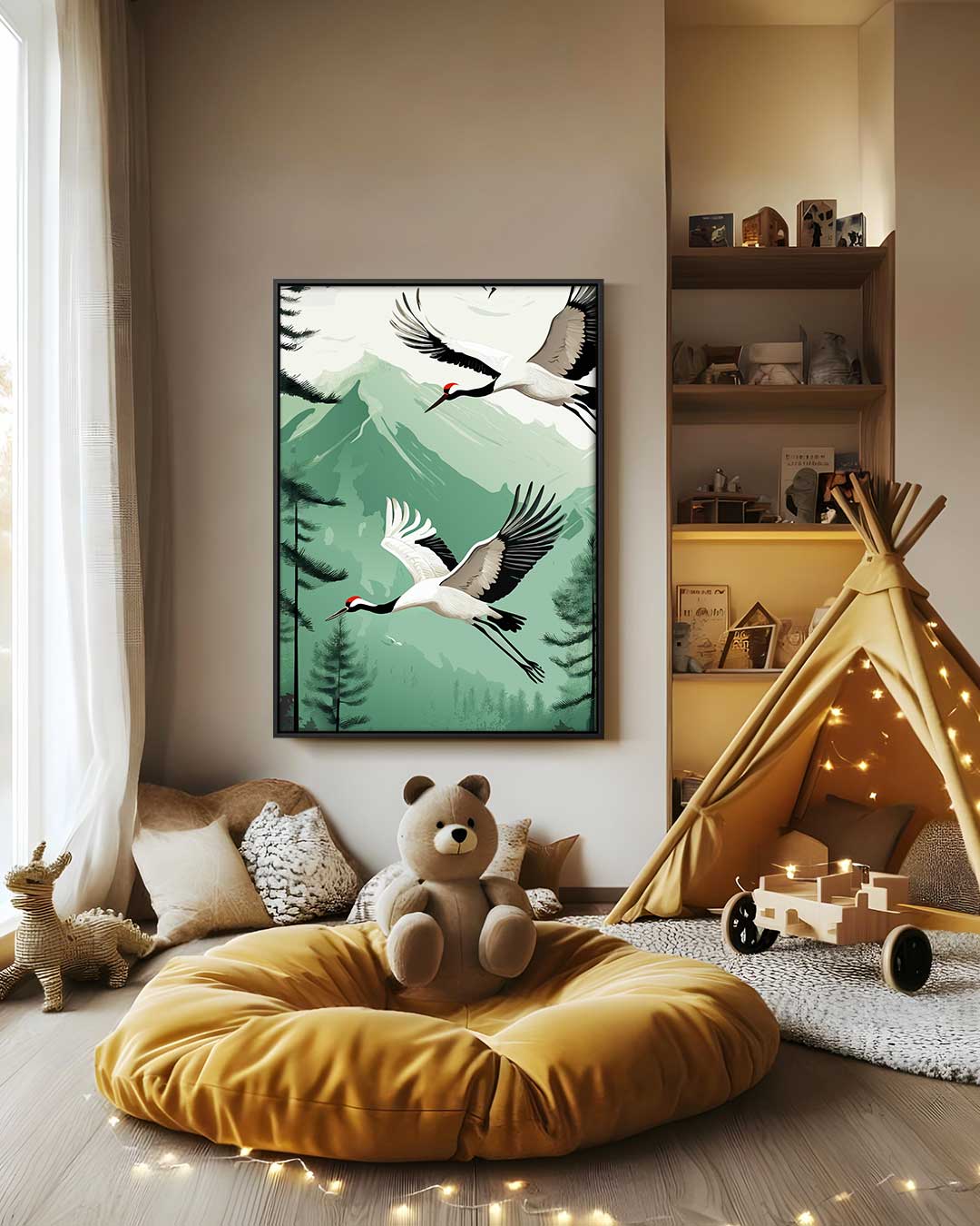 Kunstwerk: Fliegende Kraniche in einer Berglandschaft