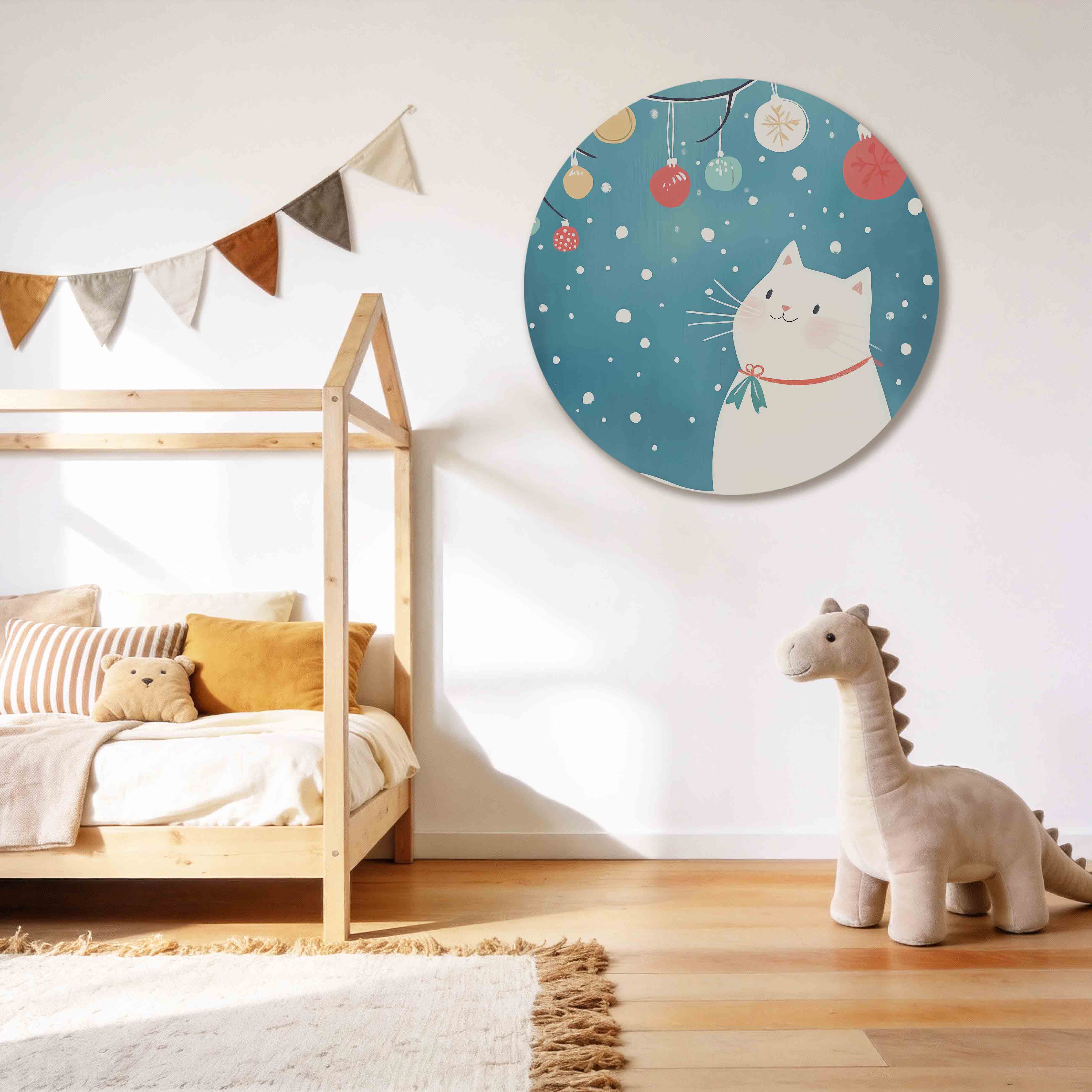Witte kat met kerstballen Muurcirkel