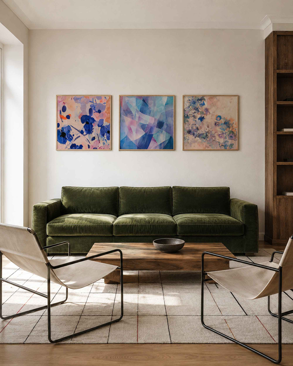 Interieurpresentatie van een driedelige vierkante posterset met abstracte kleuren