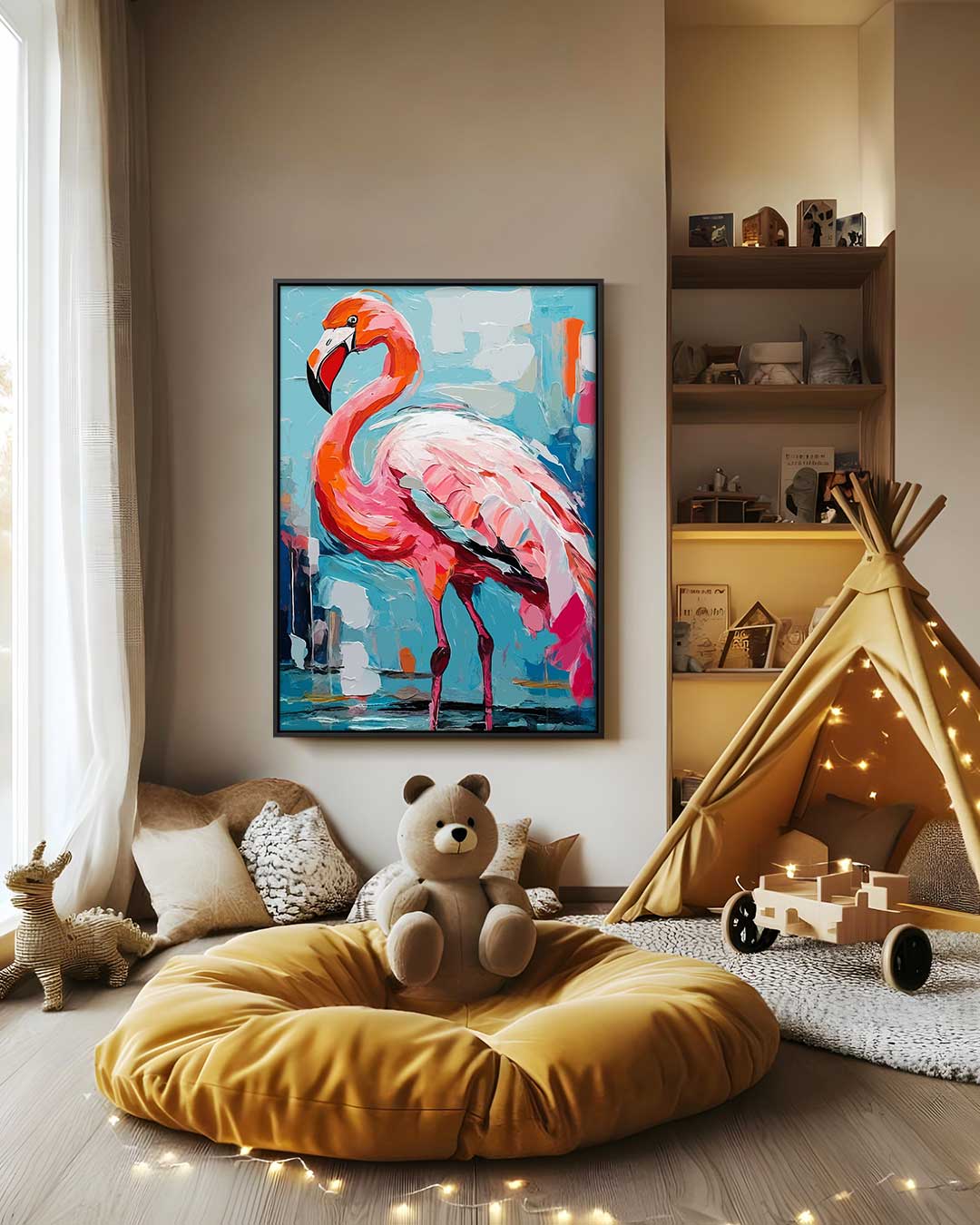 Flamingo in farbenfroher Umgebung (Kunstwerk)
