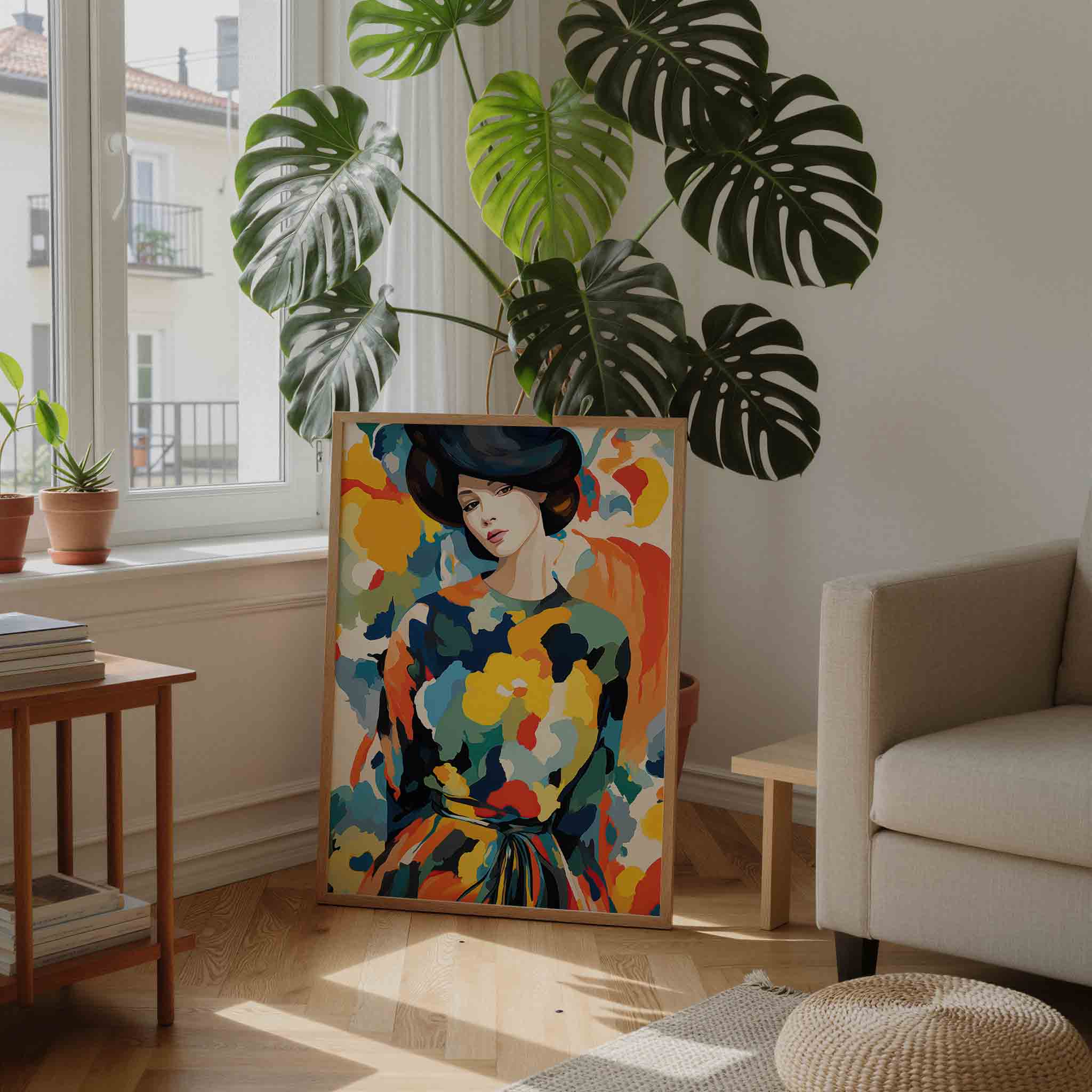 Vrouw met kleurrijke achtergrond Poster