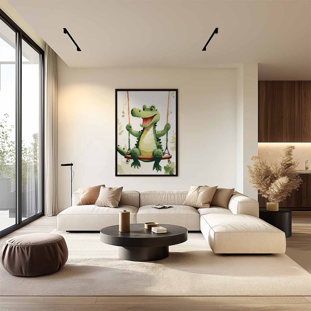 Vrolijke Krokodil op de Schommel Kunstwerk-canvas-dibond-plexiglas-wanddecoratie-WallArtistic