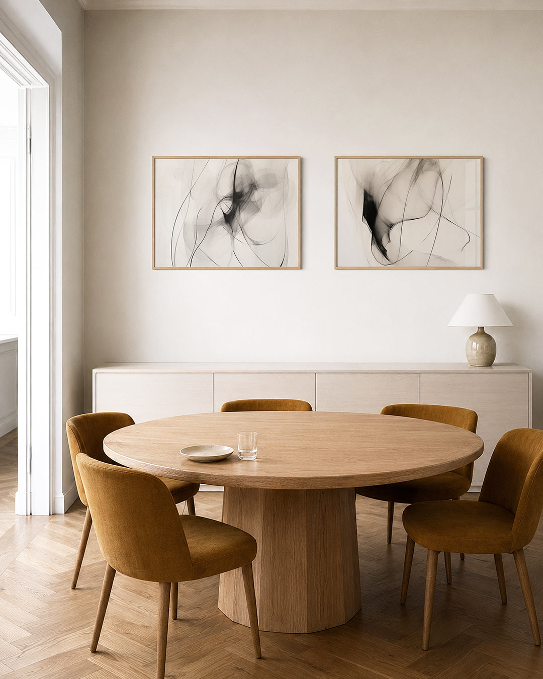 Twee liggende posters met vloeiende, zwarte lijnen die over een lichte achtergrond dansen, aan de muur in een interieur