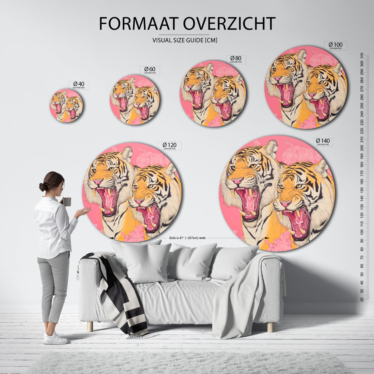Twee tijgers op roze achtergrond Muurcirkel