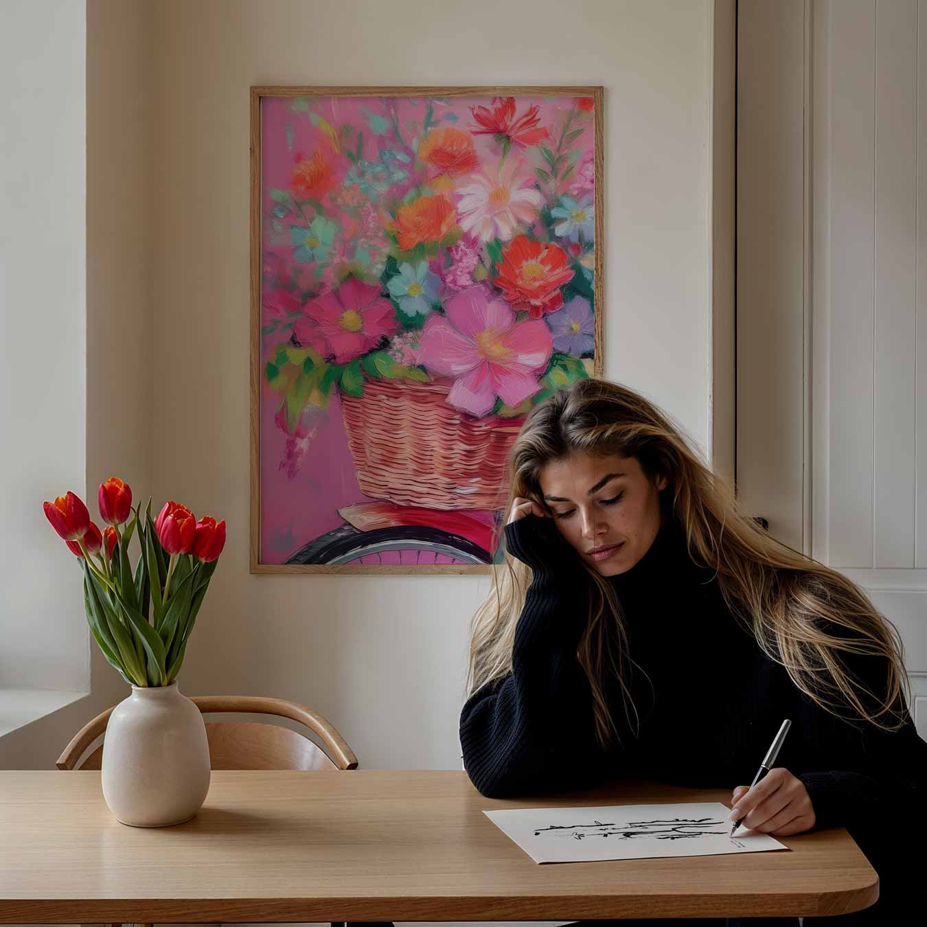Bloemenmand op Roze Fiets Poster-WallArtistic