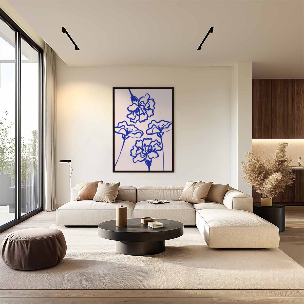 Bloemen in Blauwe Lijnen Kunstwerk-canvas-dibond-plexiglas-wanddecoratie-WallArtistic