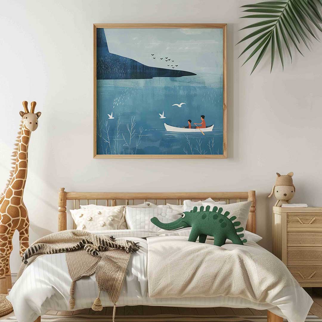Roeiboot op blauwe zee Poster