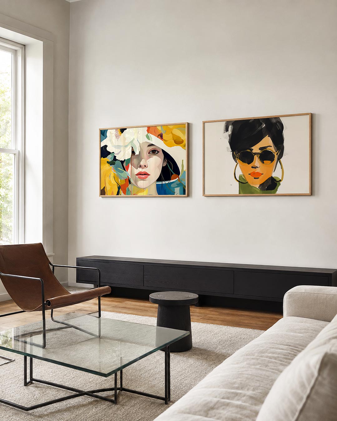 Twee liggende posters met een vrouwelijk gezicht omringd door grote, kleurrijke bloemen, aan de muur in een interieur